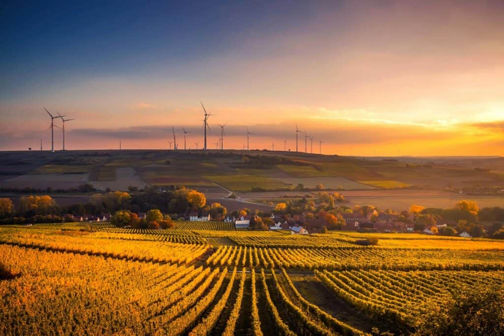 Wind Turbines on Farm during sunset