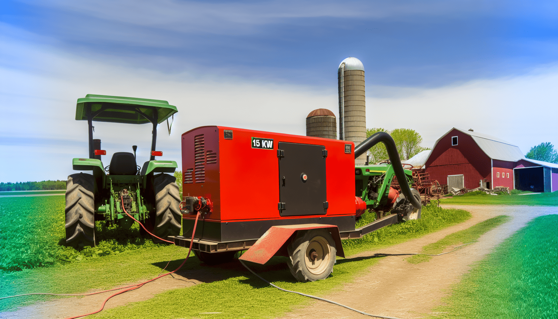 A 15 kW PTO generator attached to a tractor in a farm setting