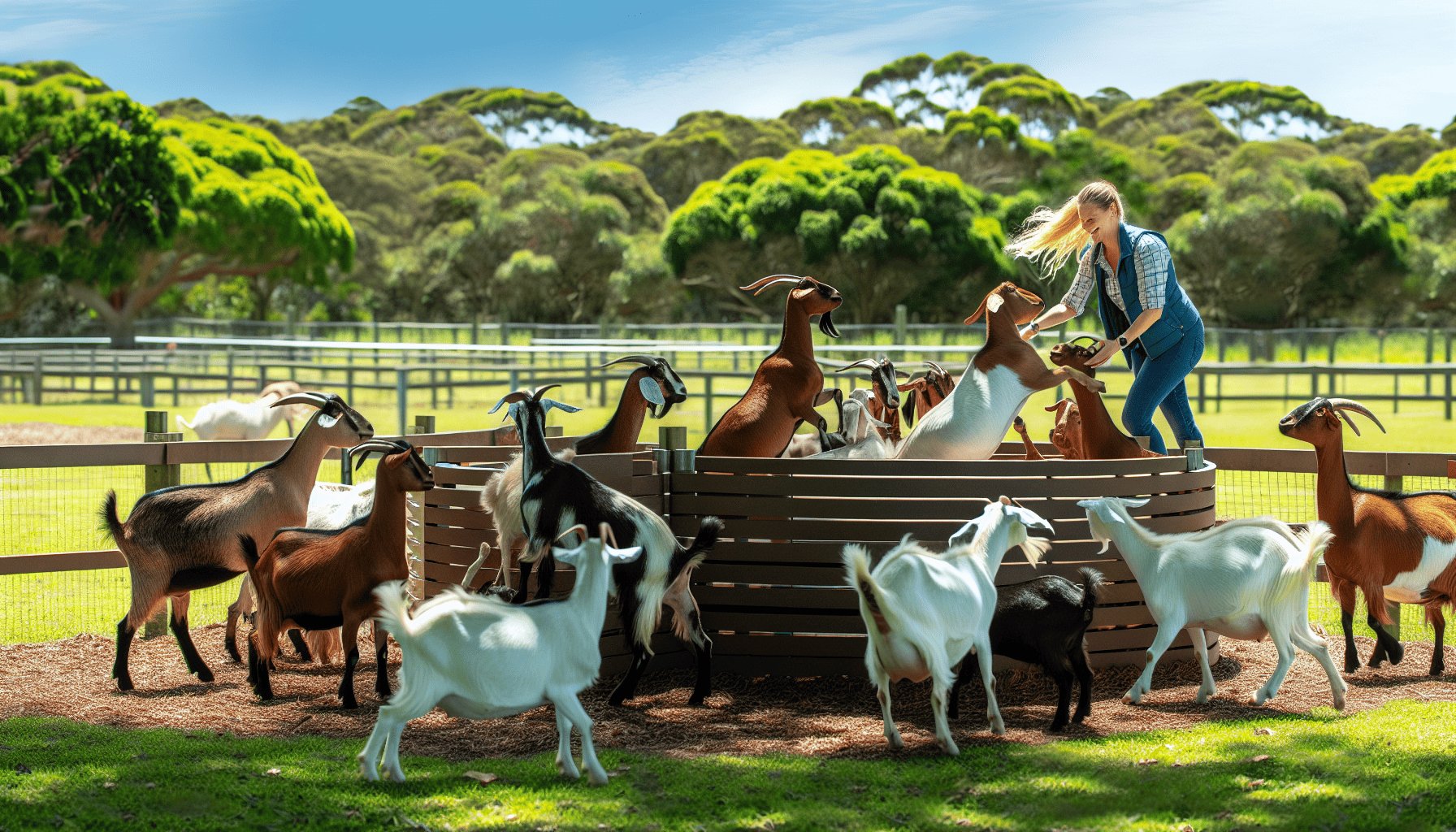 Goats engaging in playful interaction in a spacious enclosure