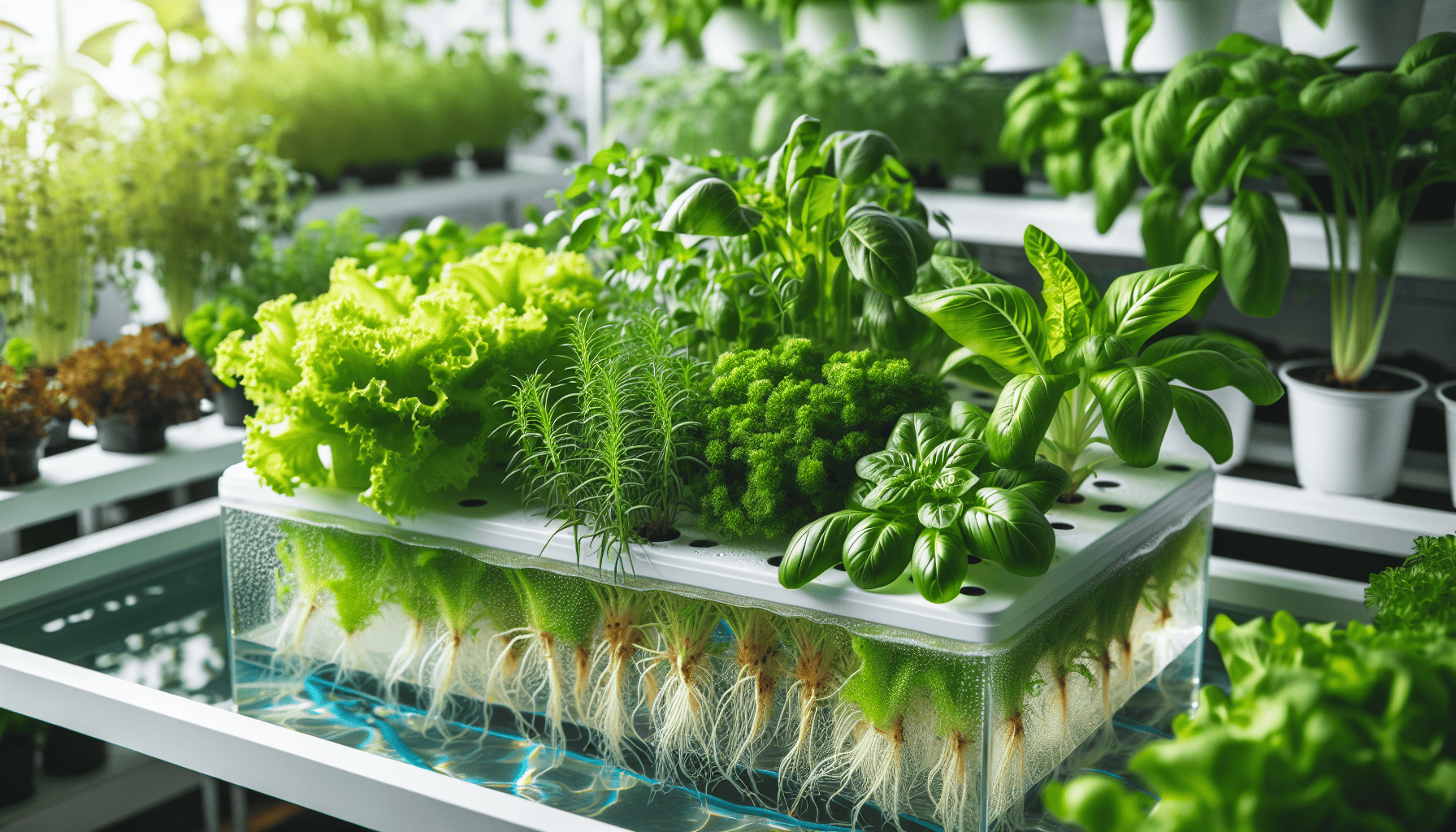 Hydroponic plants growing in nutrient-rich water solution