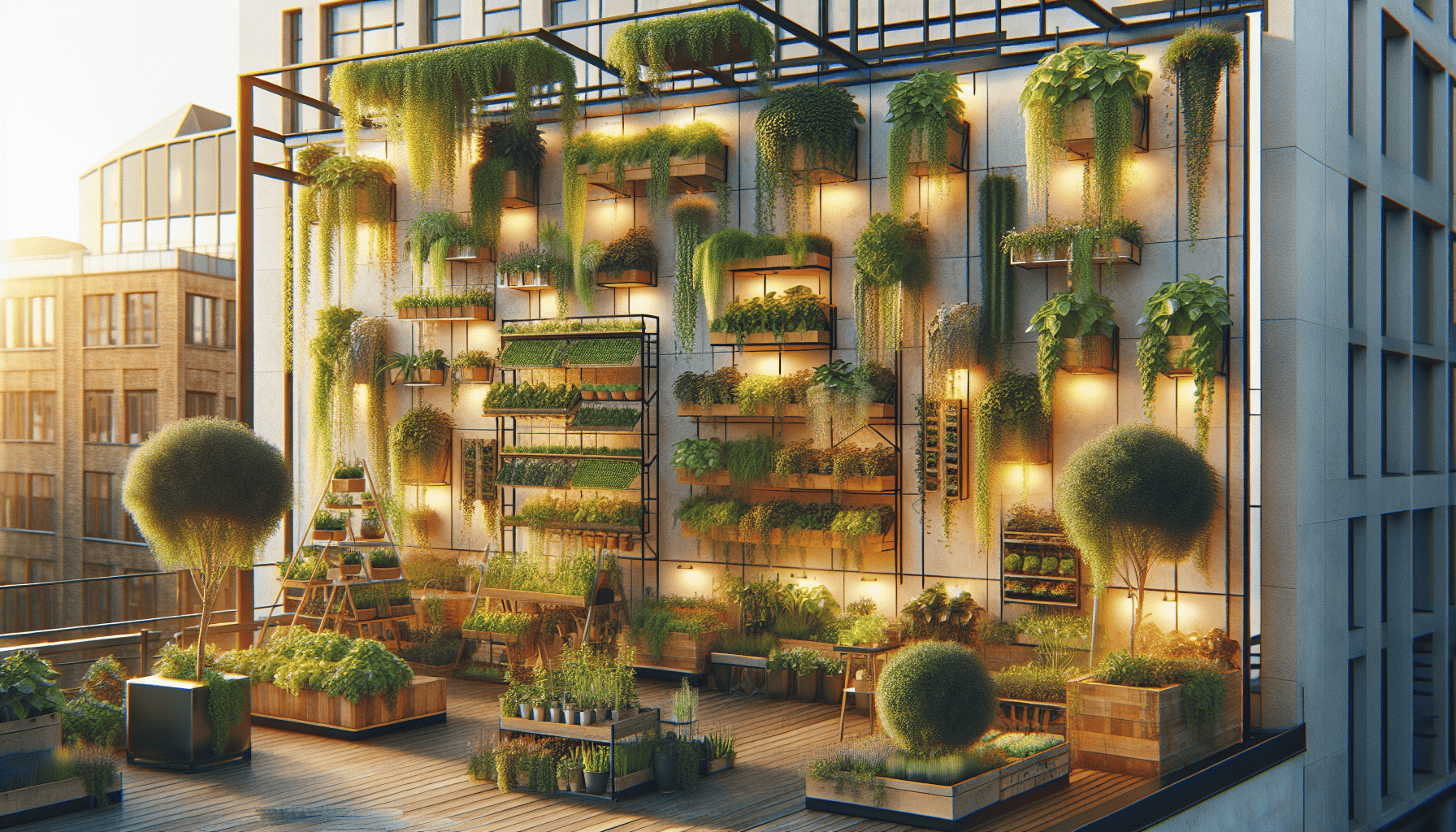 Various vertical gardening systems including hanging planters and wall-mounted frames