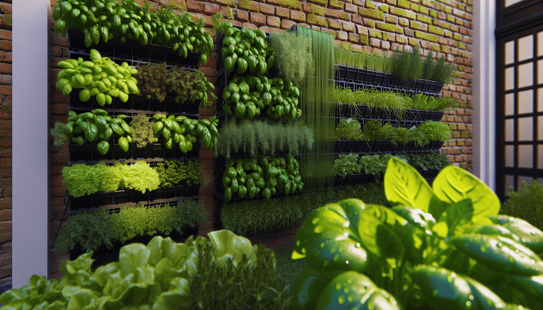Space-efficient edible vertical gardens with vertical herb towers and salad wall planters