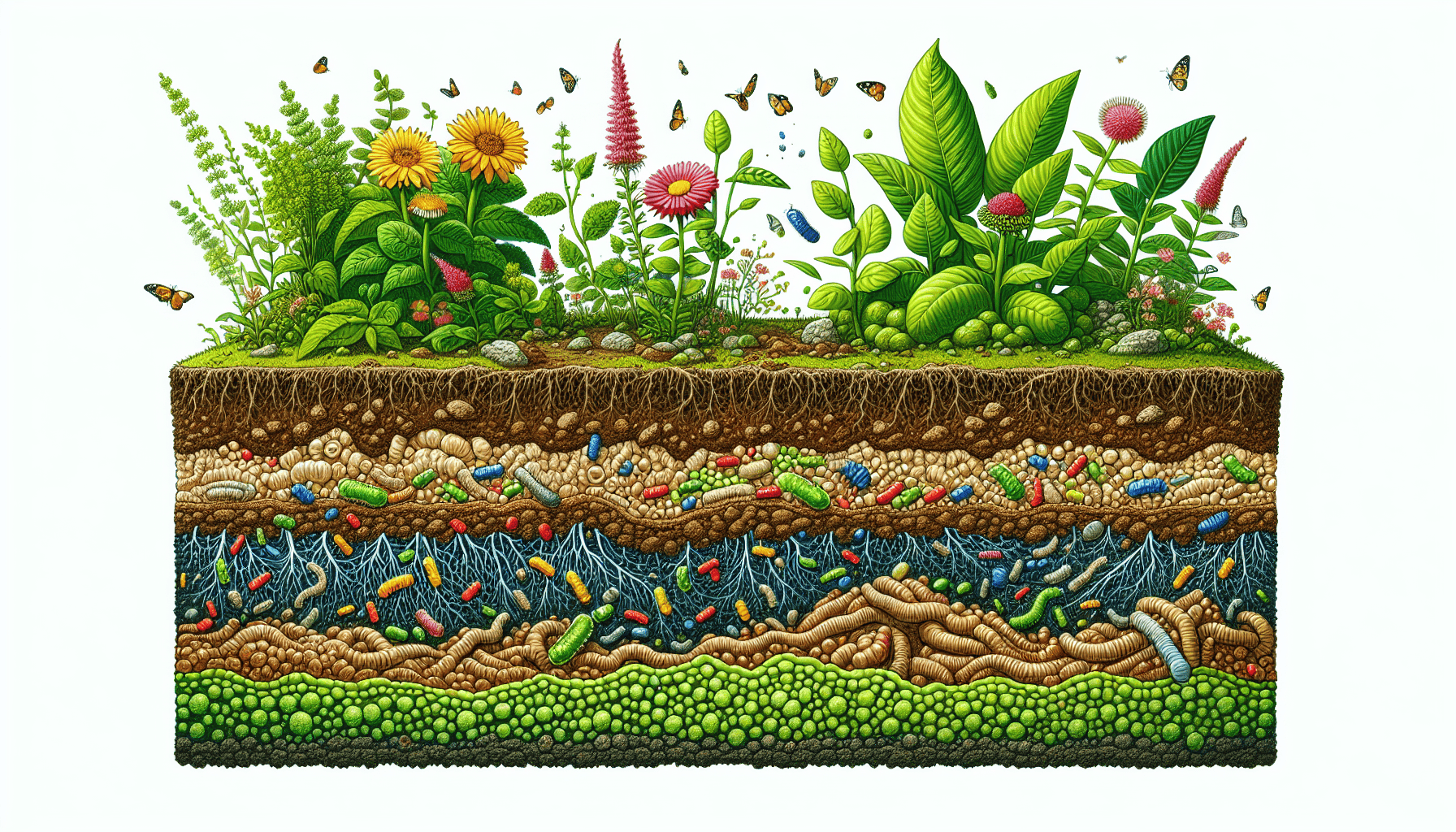 Illustration of healthy soil with composting and organic matter