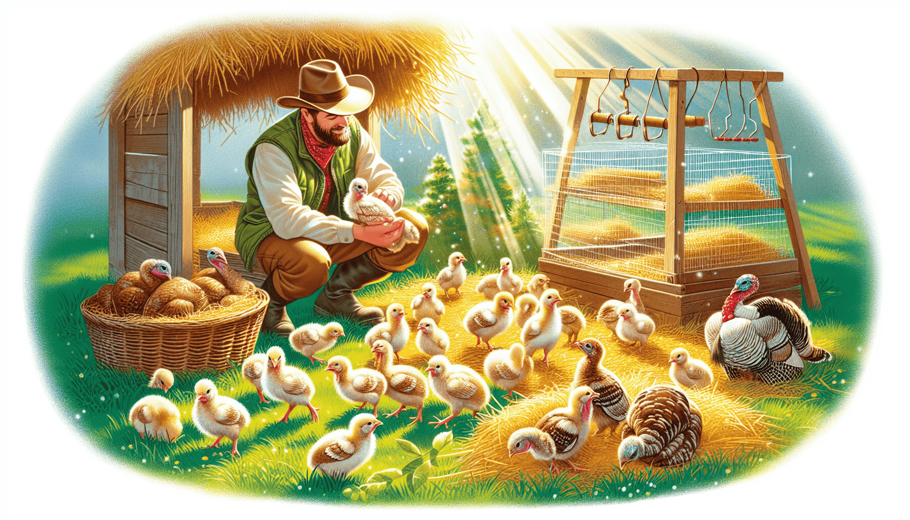 An illustration of turkeys being bred and cared for, highlighting the process of raising poults.