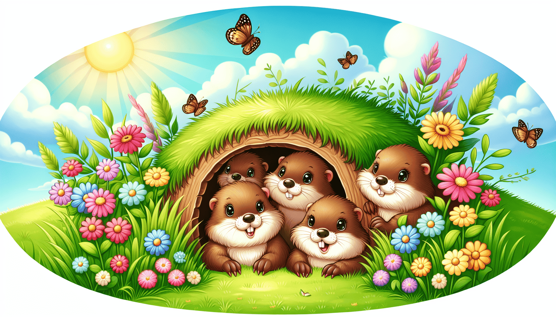 Illustration of a groundhog burrow with groundhogs around it.