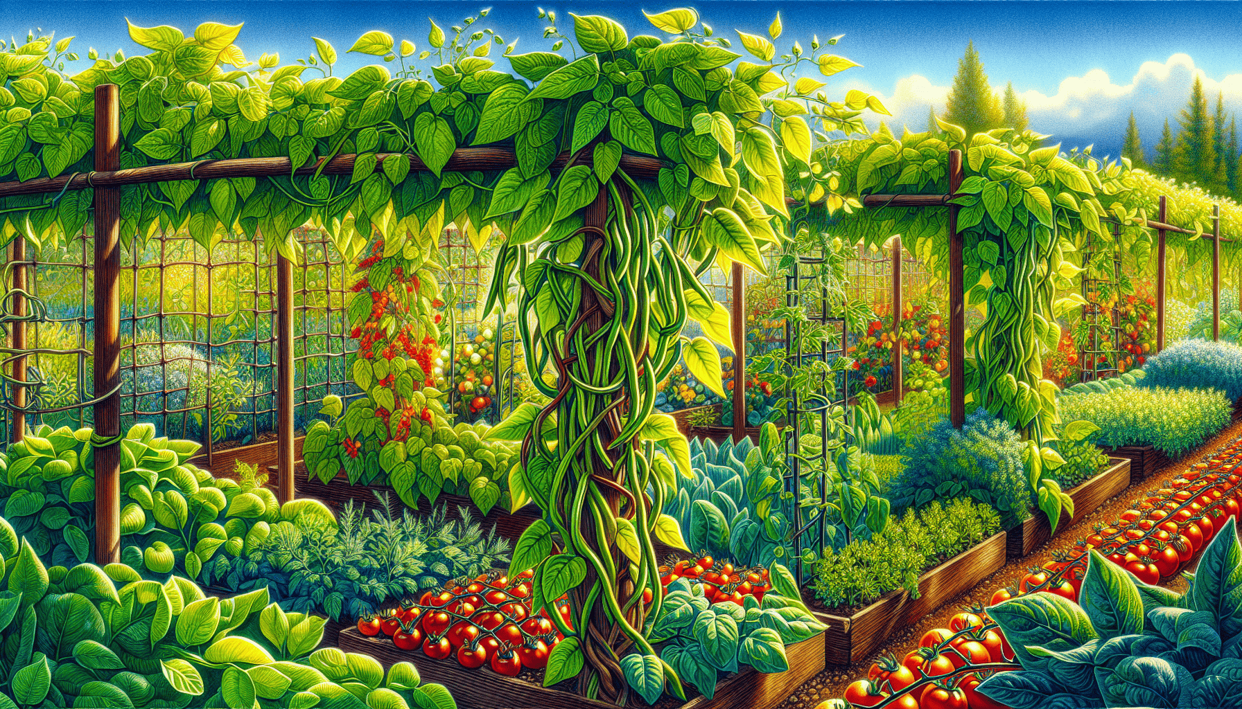 Illustration of green beans growing in a vegetable garden.