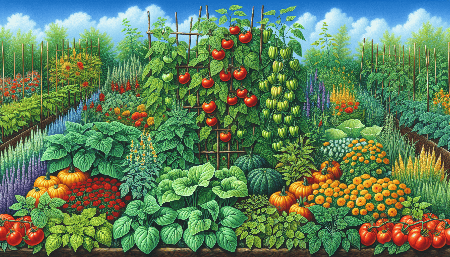 An illustration showing various companion plants in a vegetable garden.