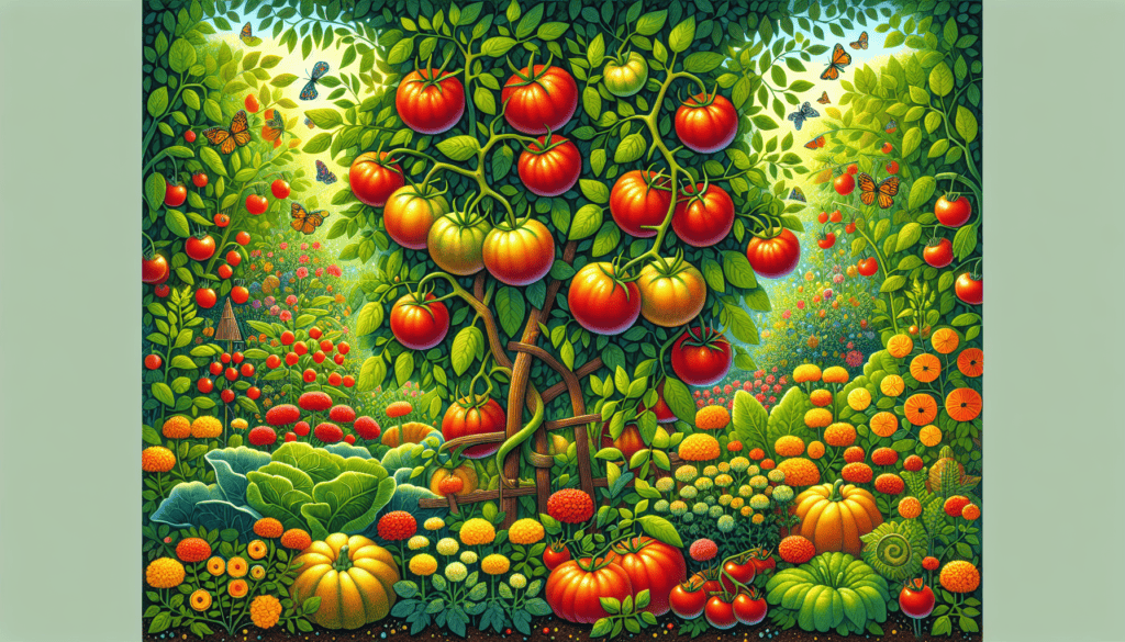 A cartoon-style image of tomato plants flourishing in a garden.