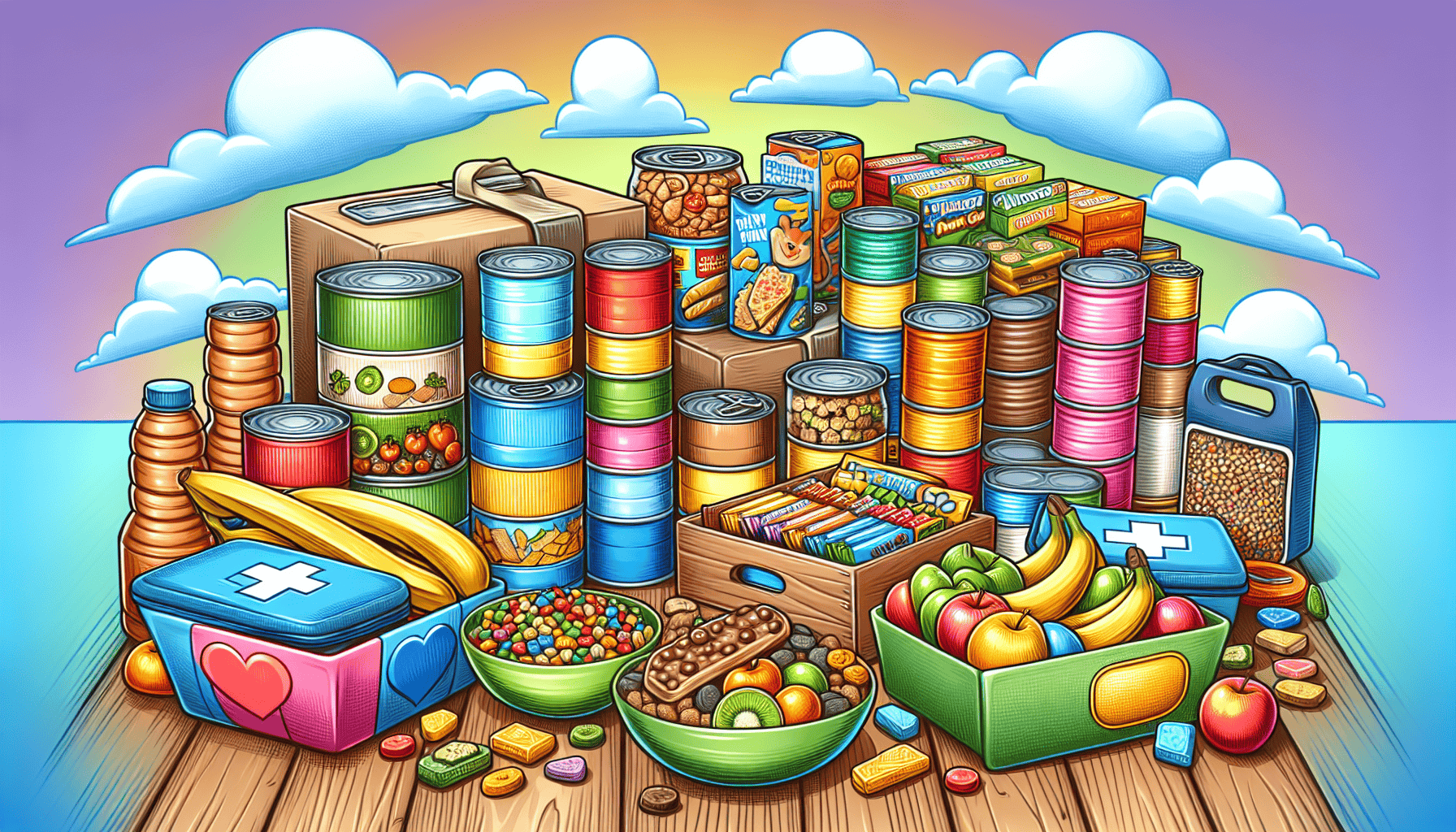 An illustration showing a variety of emergency food supplies.