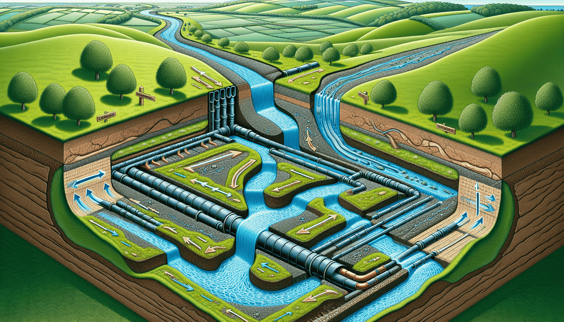 A diagram illustrating the design of an effective drainage system with subsurface and surface drainage components.