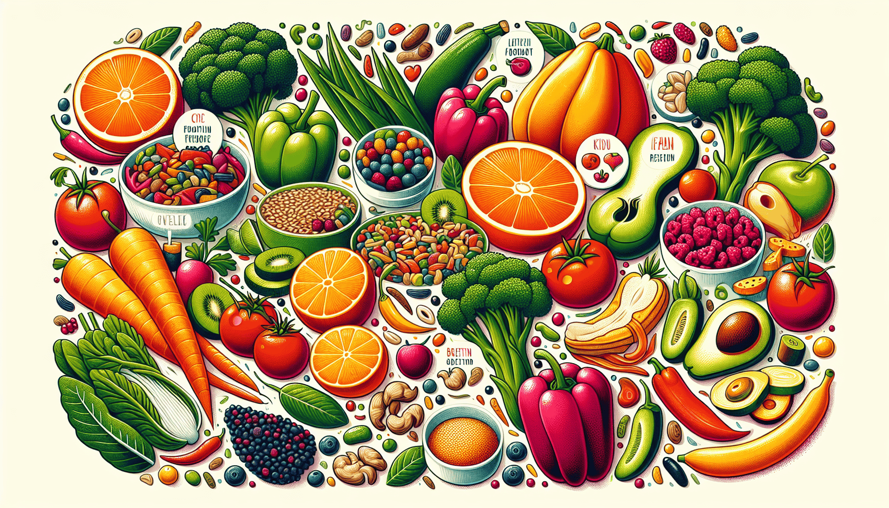 An illustration showing various food items to assess nutritional value.