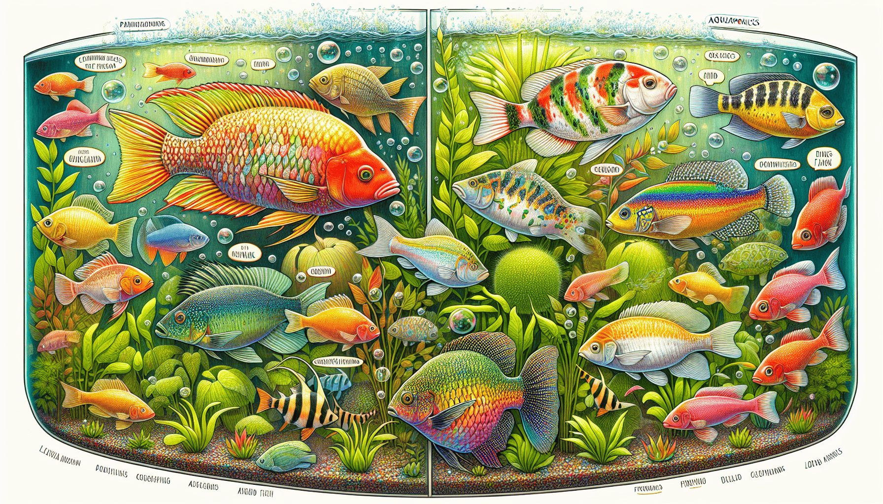 An illustration of different fish species suitable for aquaponics systems.