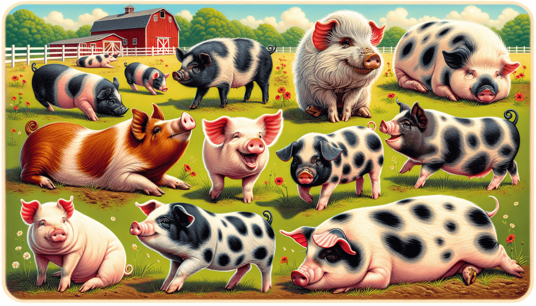 A colorful illustration of different pig breeds including the American Guinea Hog.