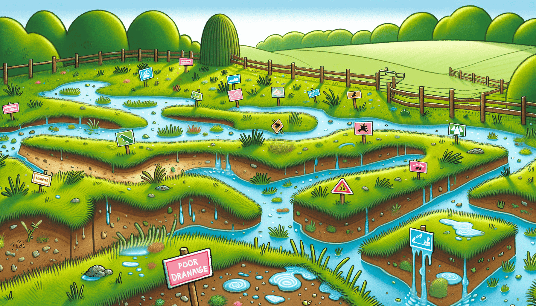 An illustration depicting various pasture drainage issues and signs of poor drainage.