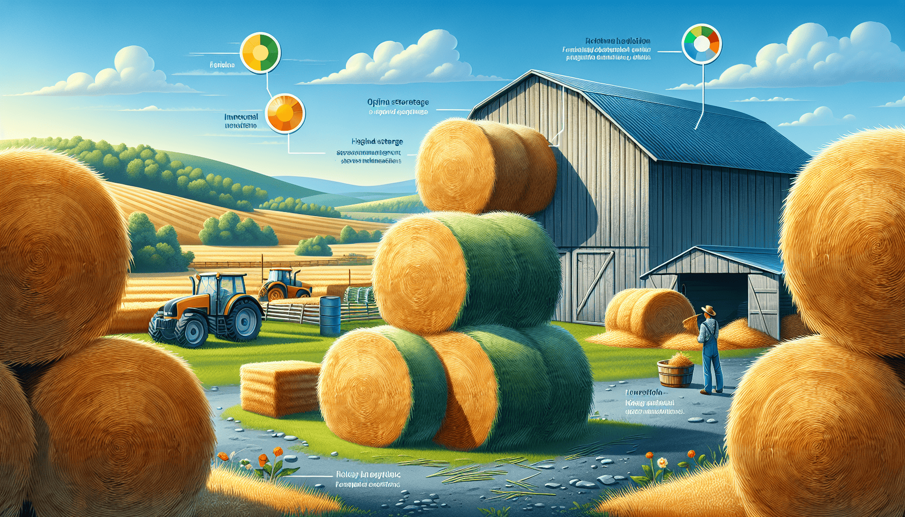 An illustration depicting factors affecting hay quality, such as storage and harvesting methods.