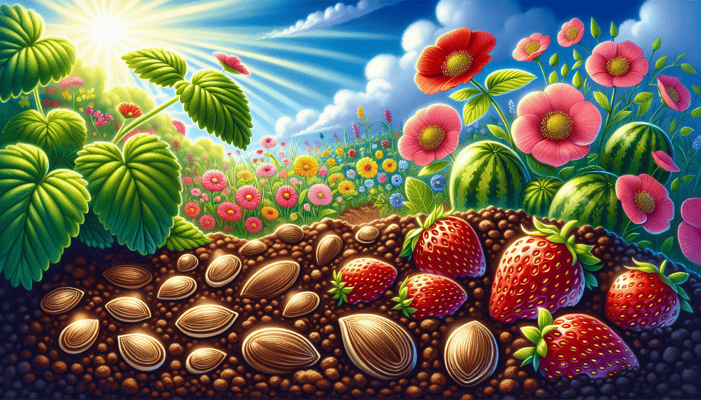 An illustration of various fruits that can be planted in April, including strawberry plants.