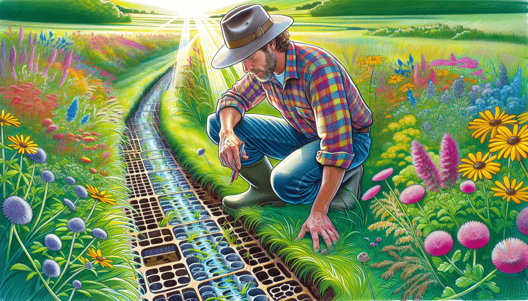 An illustration showing the maintenance and inspection of drainage systems in a pasture.