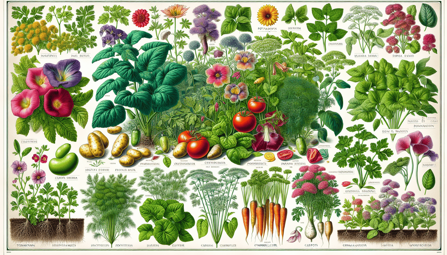 Illustration of different plant families grouped together.