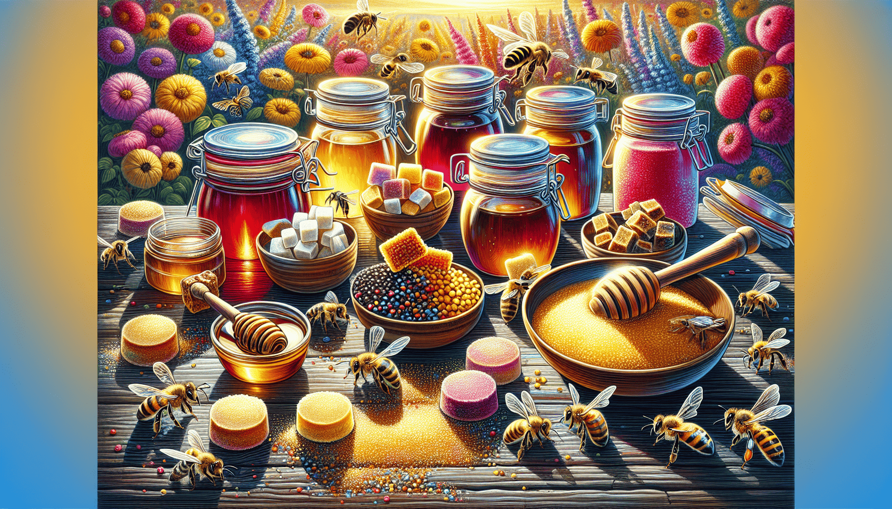 An illustration showing various types of feed for honey bees, including sugar syrup and pollen patties.