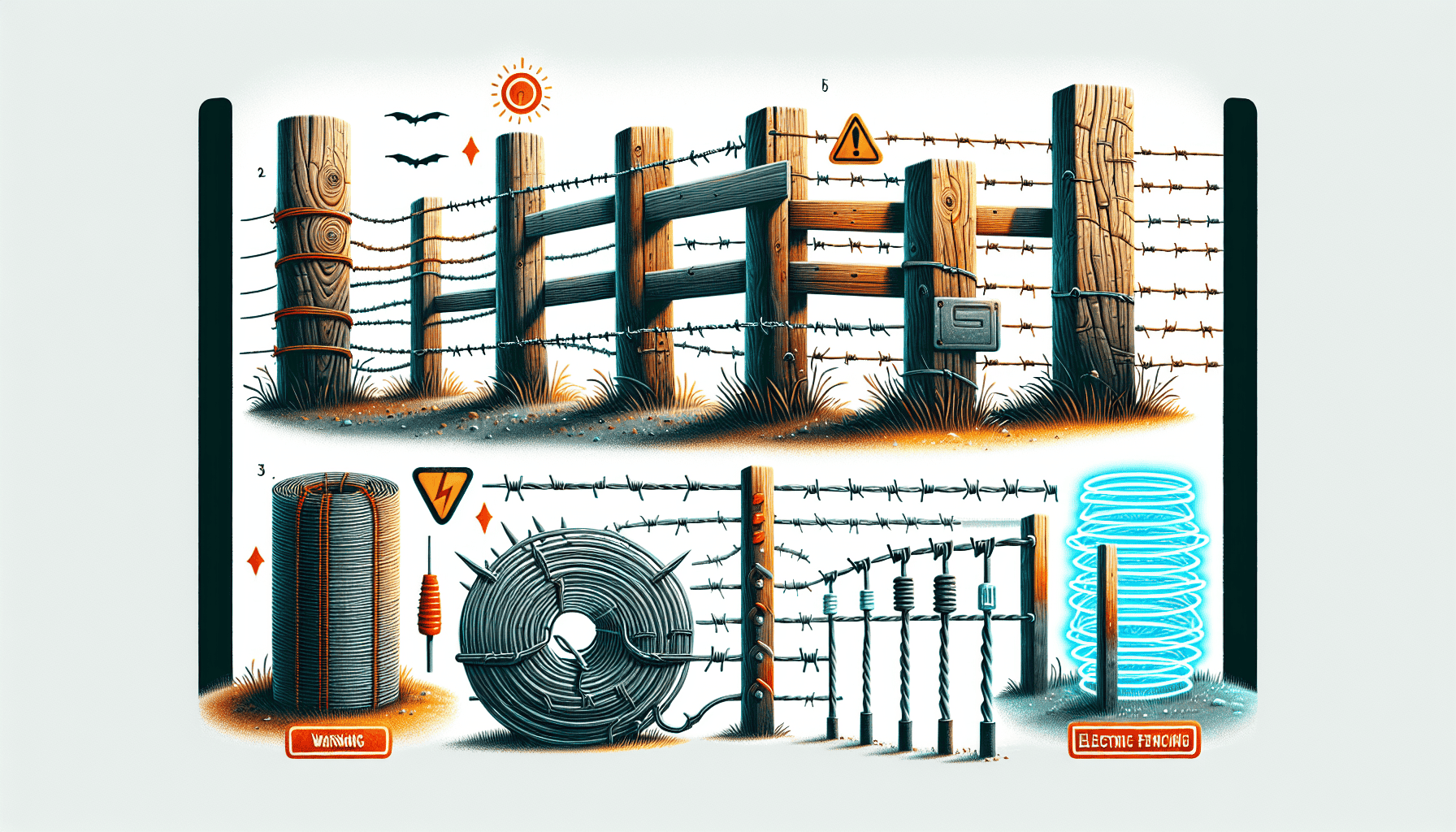 Various types of fence materials for farms.