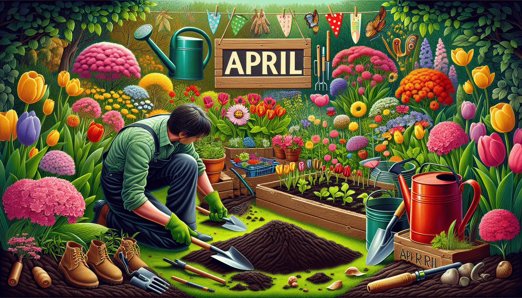 An illustration of garden maintenance tips for April, featuring soil preparation and planting techniques.