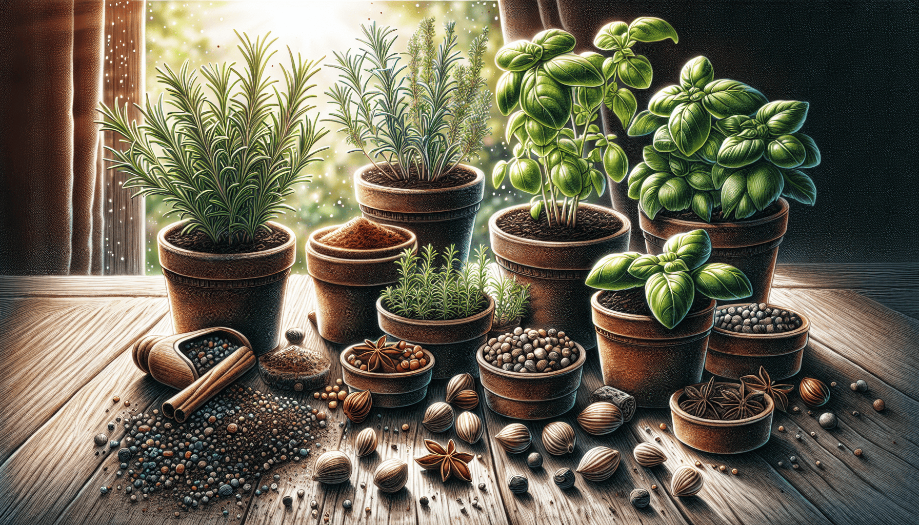 An illustration depicting various herbs such as rosemary and basil that can be planted in April.