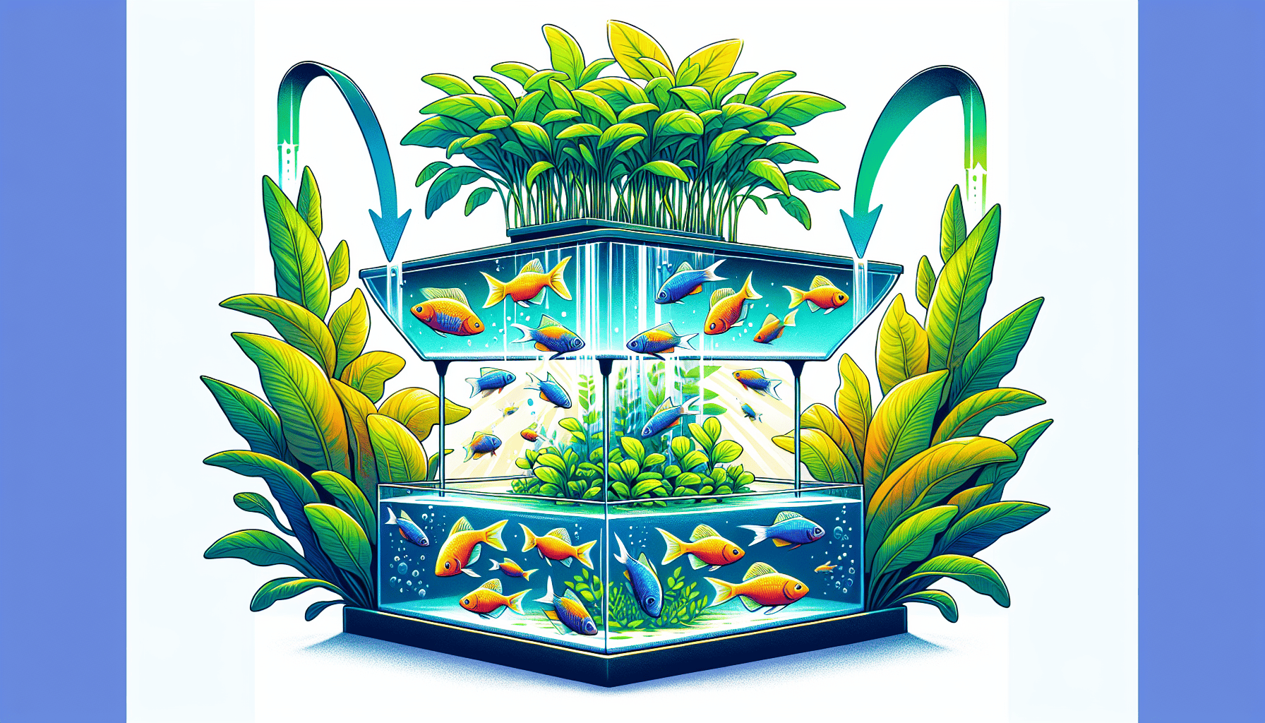 An illustration of an aquaponics system showing the symbiotic relationship between fish and plants.