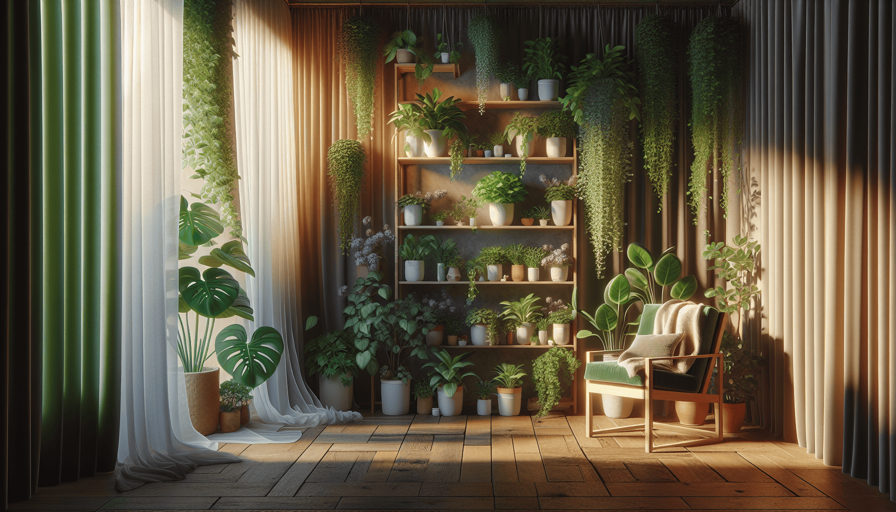 A serene indoor space with houseplants that enhance mental health and well-being.