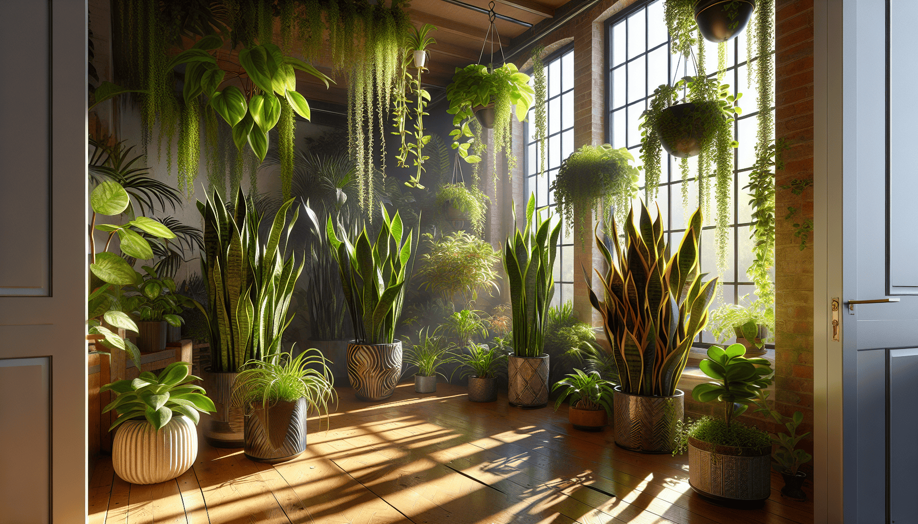 A variety of indoor plants including snake plants and spider plants arranged in a bright indoor space, showcasing the best indoor plants.