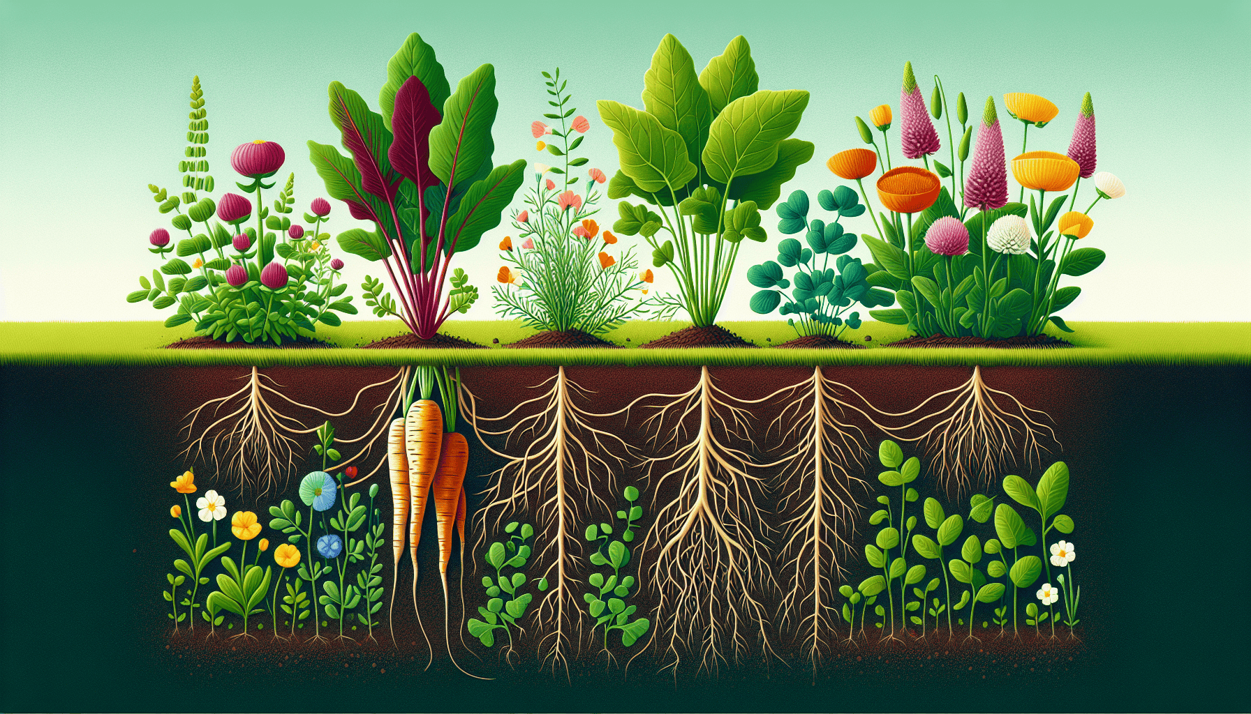 An illustration showing the benefits of companion planting for soil health.