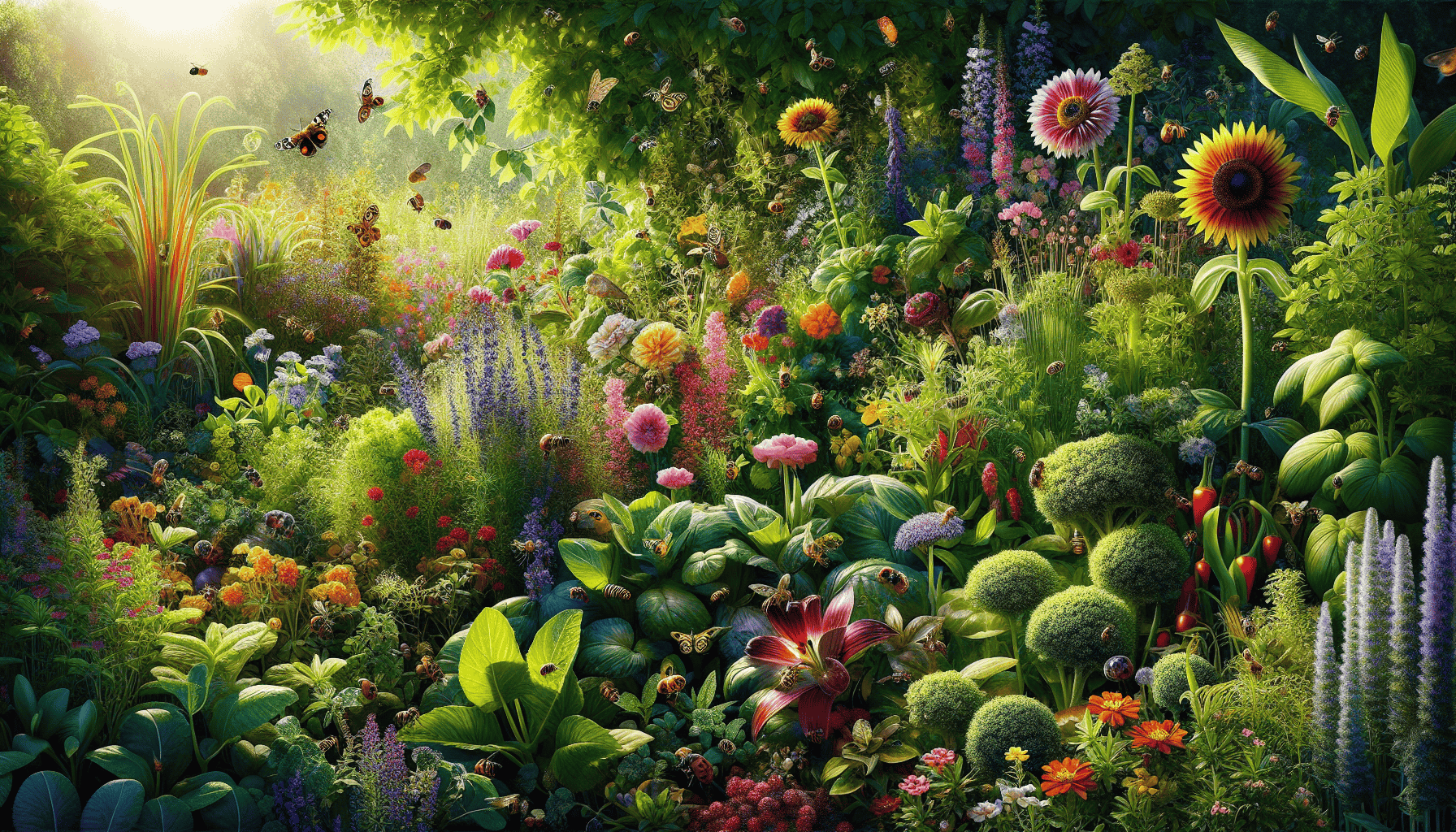 Illustration of a healthy garden with various plants and beneficial insects.