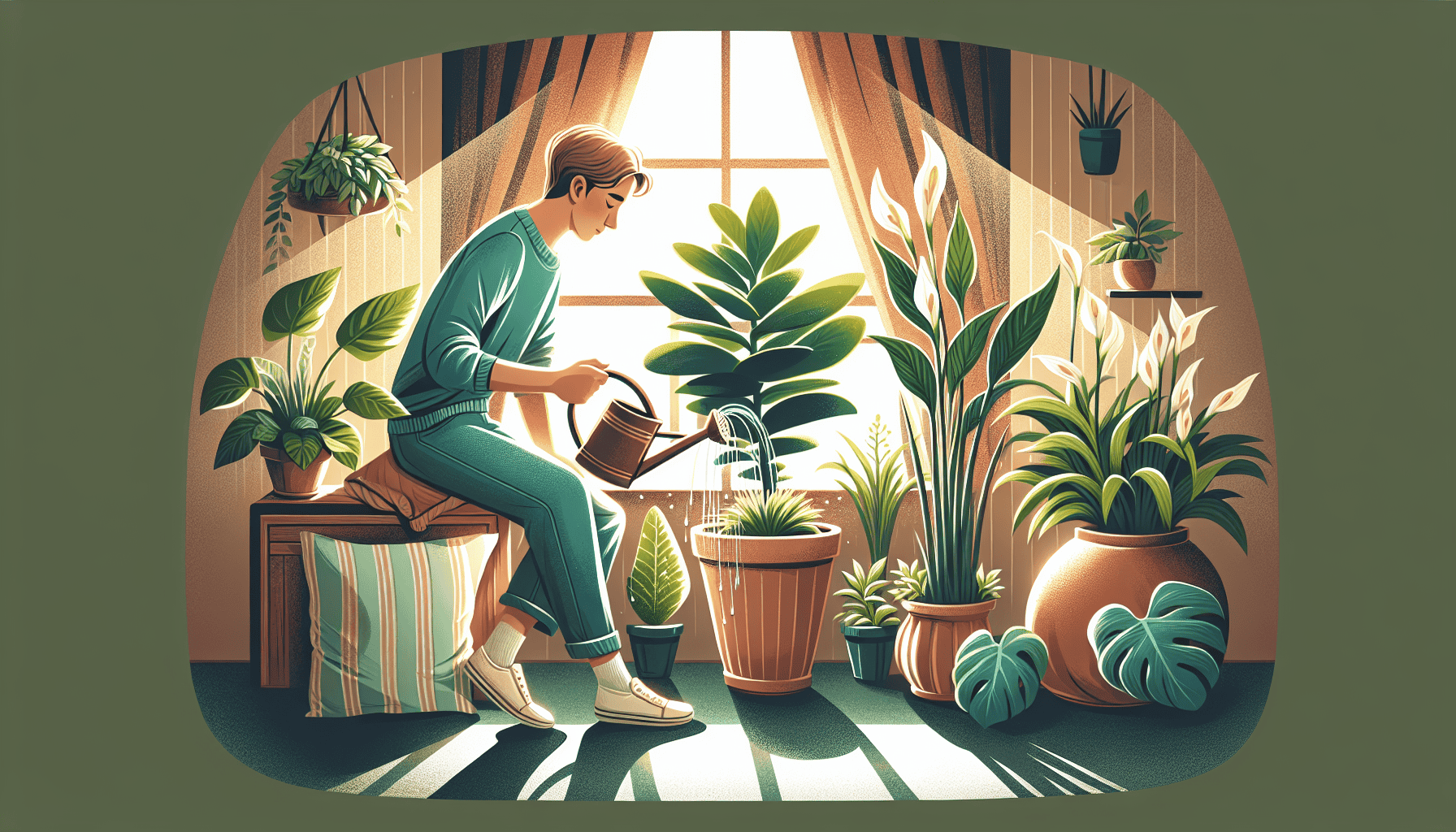 A person watering houseplants, demonstrating essential care tips for houseplants.