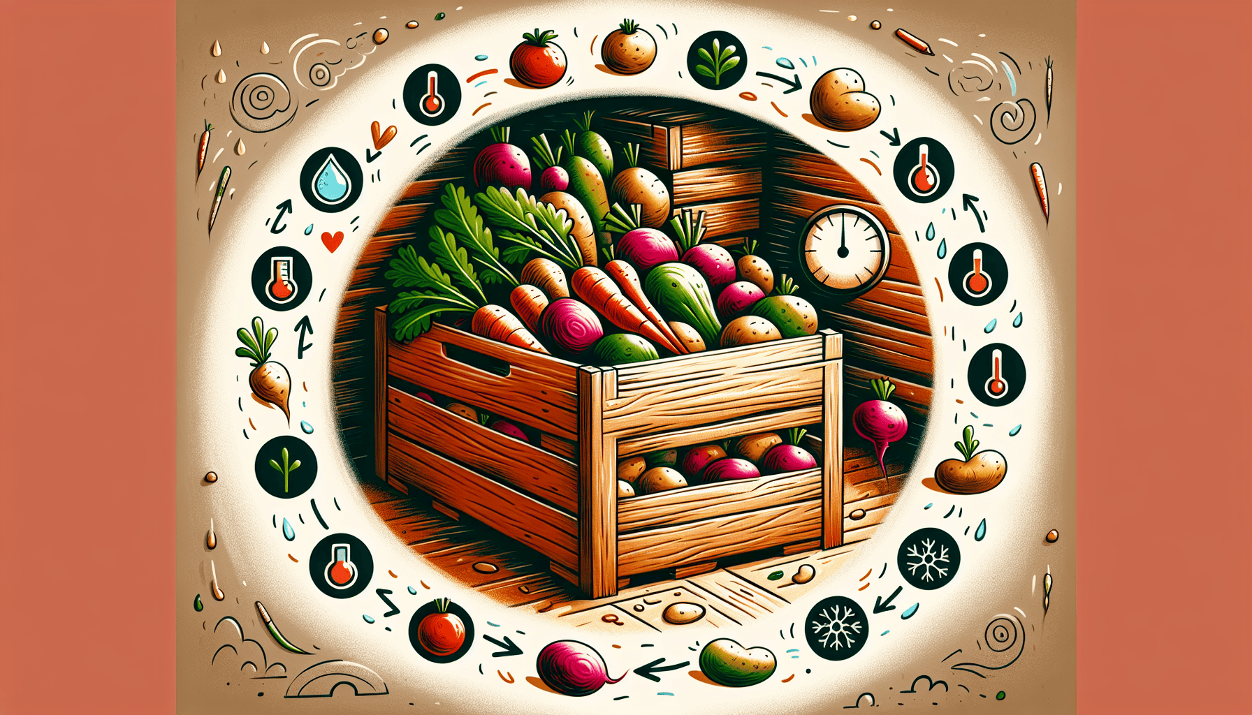 A cartoon showing key factors for effective root cellar storage, including temperature and humidity indicators.