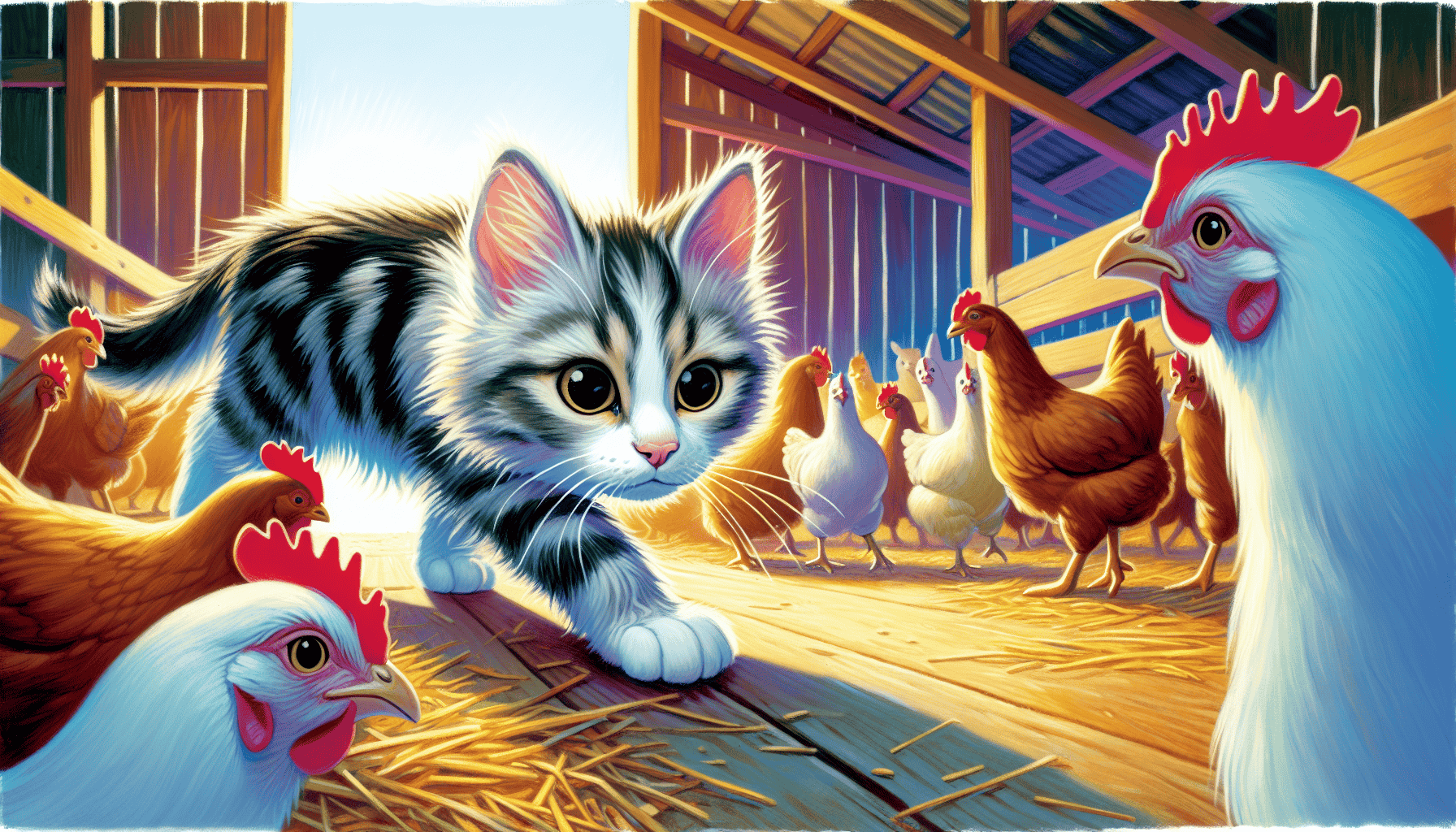 An illustration of a new barn cat being introduced to its new environment with other barn animals.