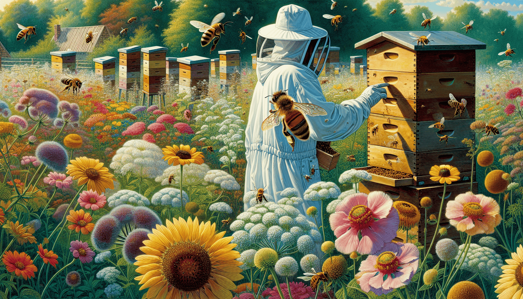 An illustration of setting up a honey bee farm.