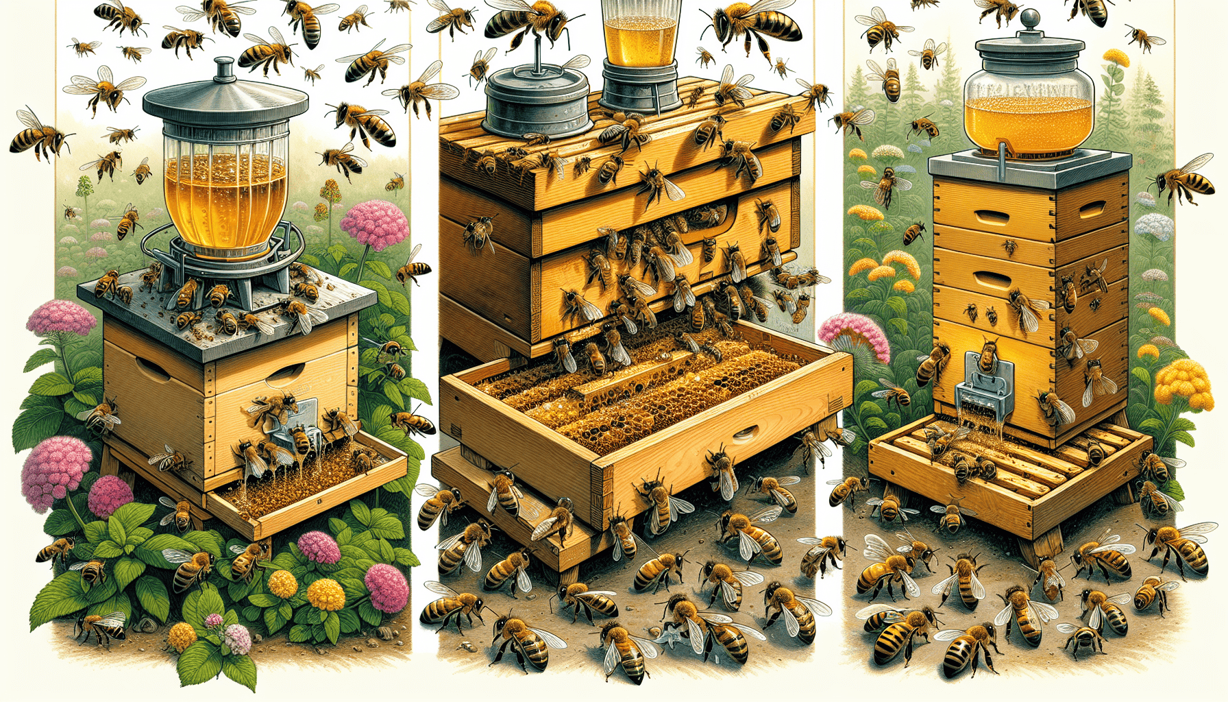 An illustration of various feeding techniques and equipment used for feeding bees.