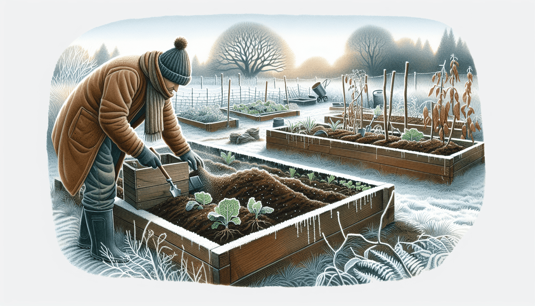 Preparing a winter vegetable garden with soil amendments and raised beds.