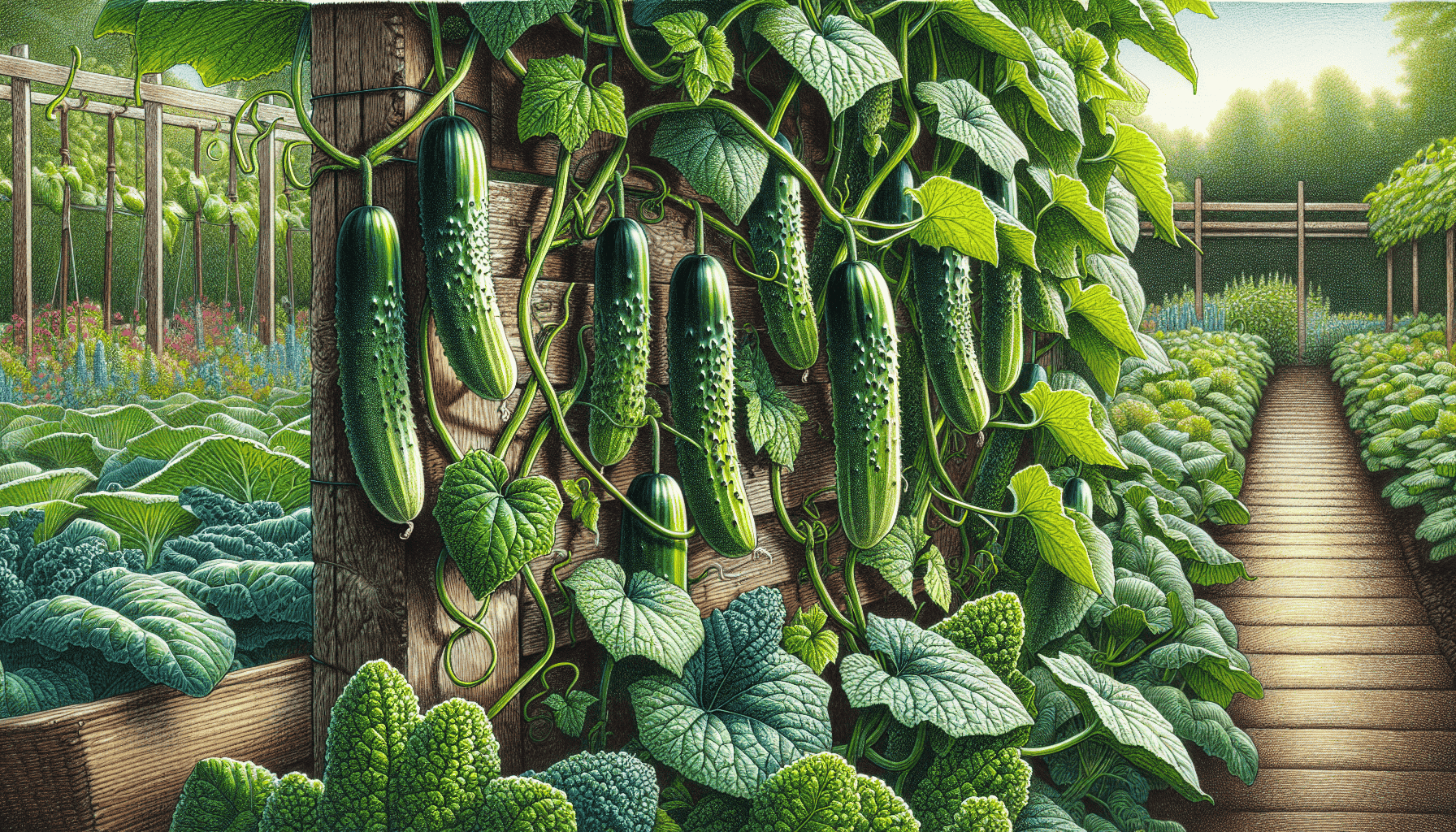 Illustration of cucumbers growing on a trellis in a garden.