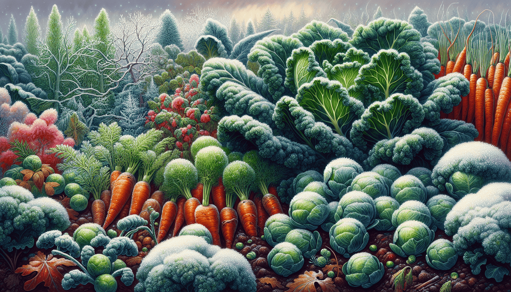 A variety of winter vegetables like kale, carrots, and brussels sprouts in a winter garden.