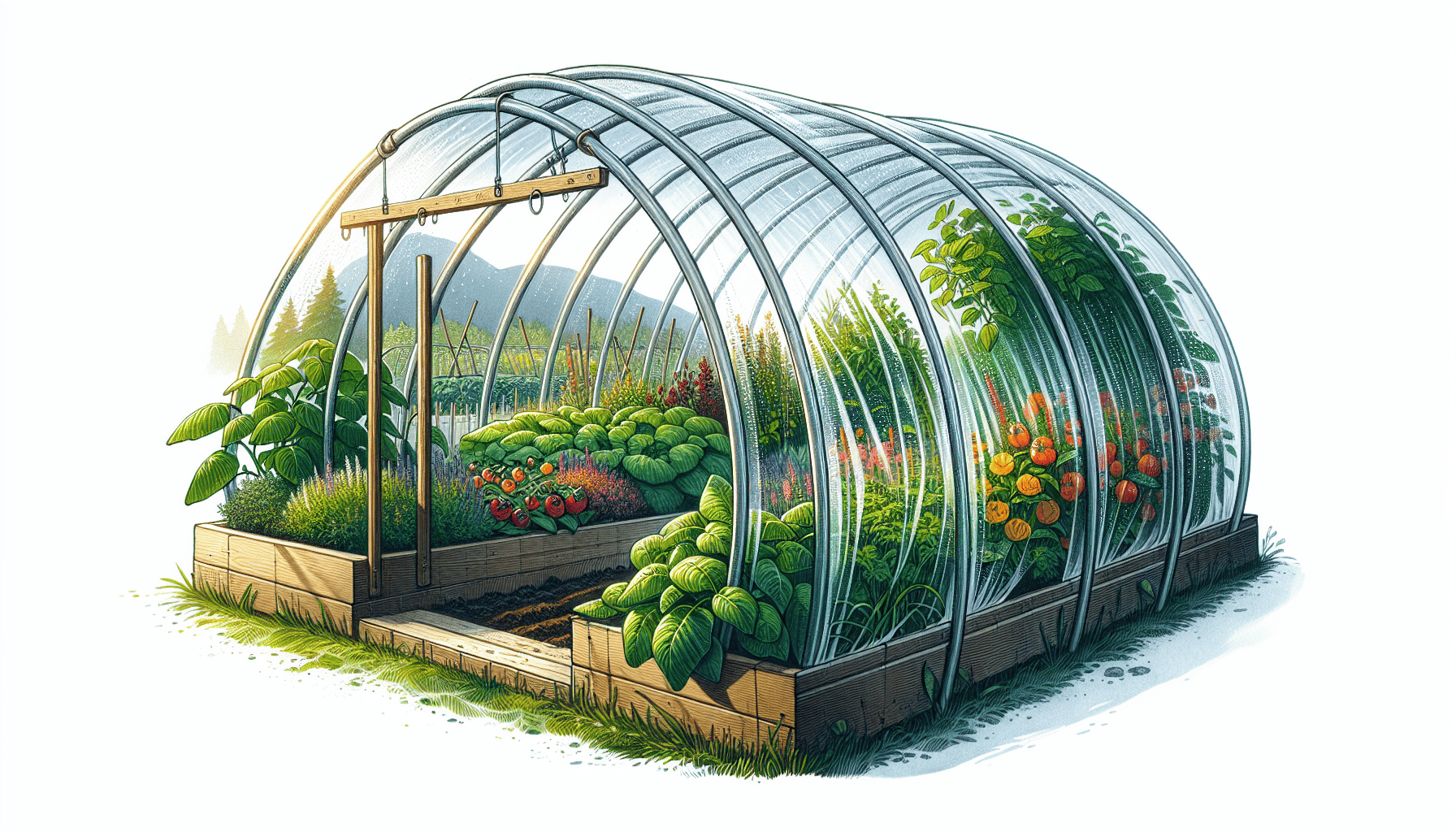 A colorful illustration of a hinged hoop house for raised beds, showcasing its structure and plants inside.