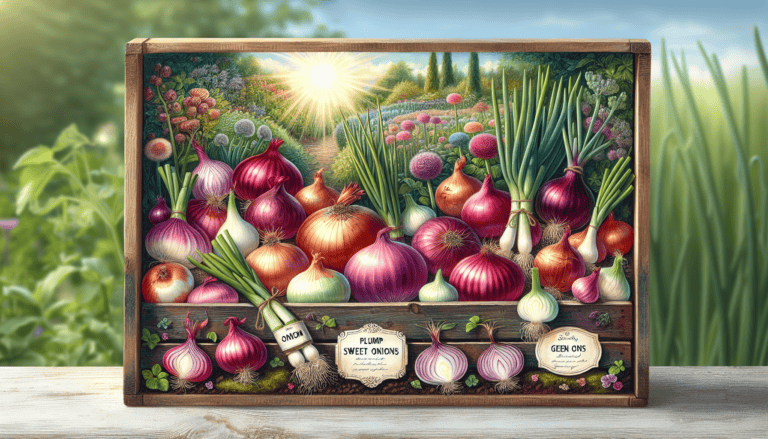 Different varieties of onions including red and sweet onions.