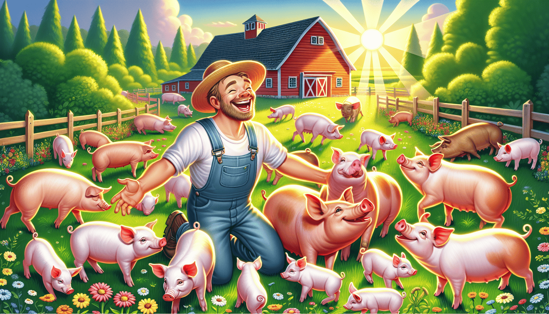 A cartoon illustration of a happy pig farmer raising pigs on a farm.