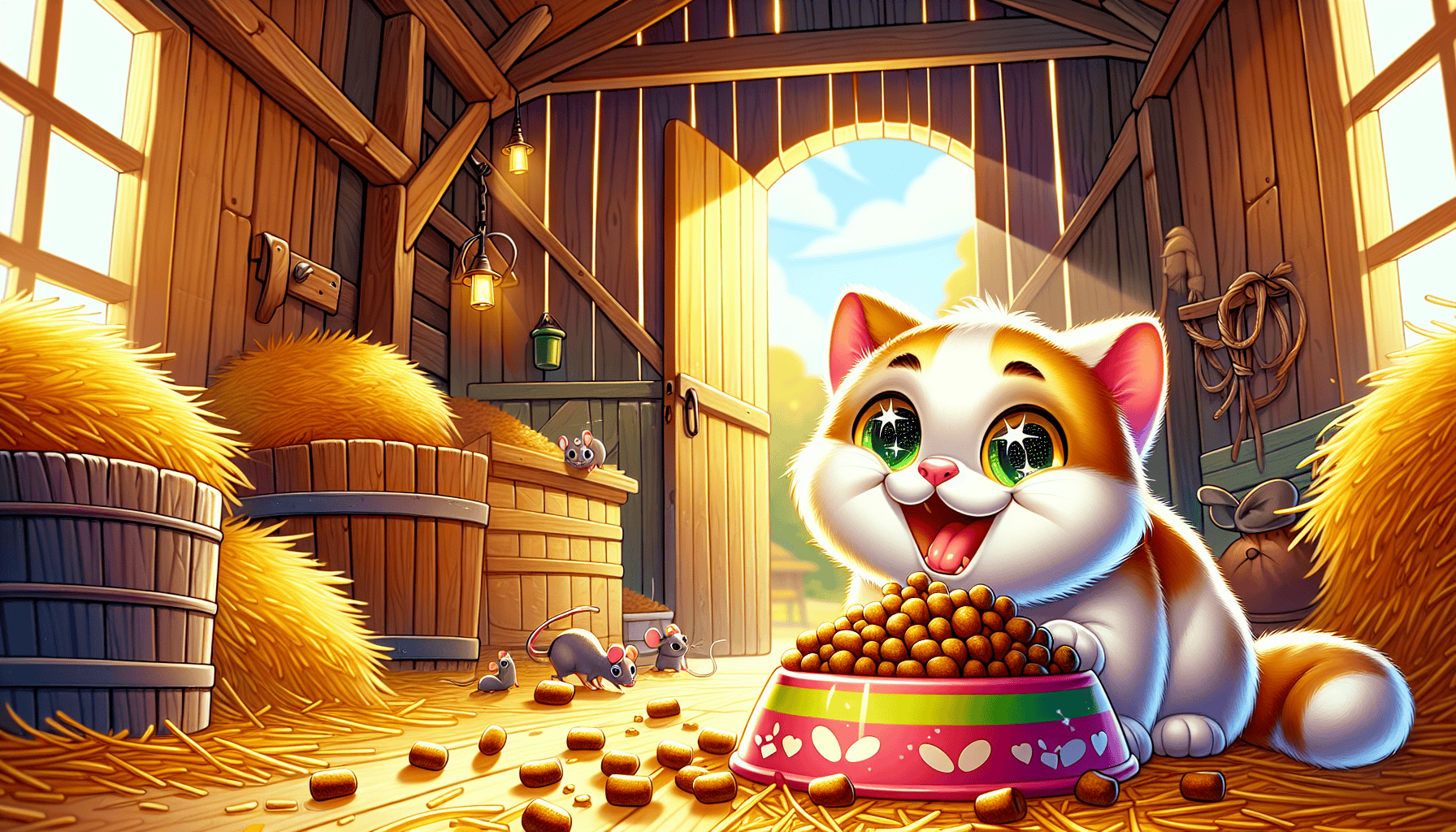 A cartoon of a barn cat enjoying a bowl of cat food, emphasizing proper feeding.