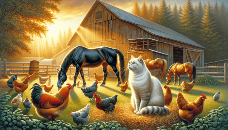 An illustration of a barn cat coexisting peacefully with other animals in a farm setting.