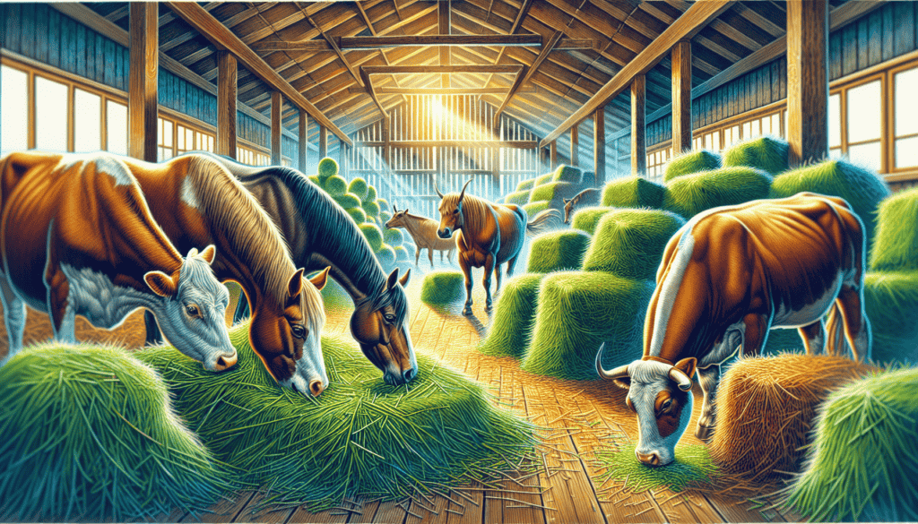 An illustration of different animals, including horses and cattle, being fed various types of hay.