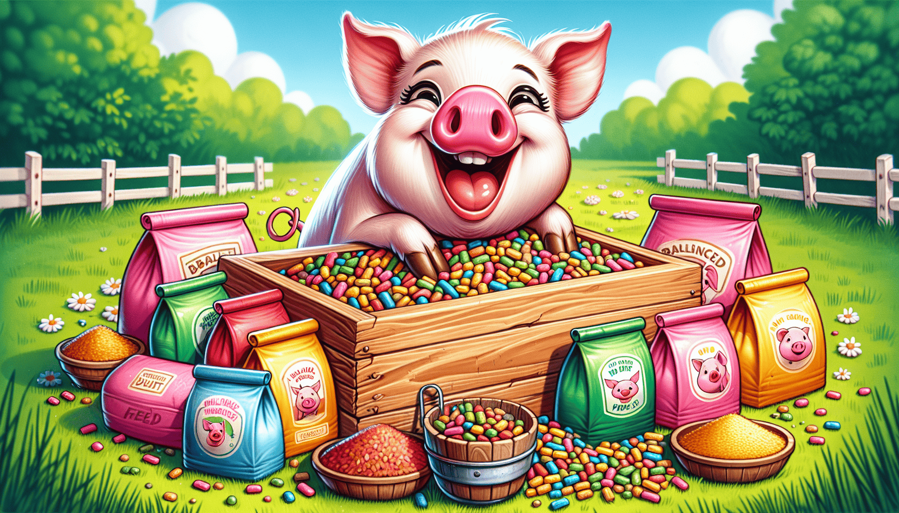 An illustration of a pig enjoying a balanced diet with various types of pig feed.