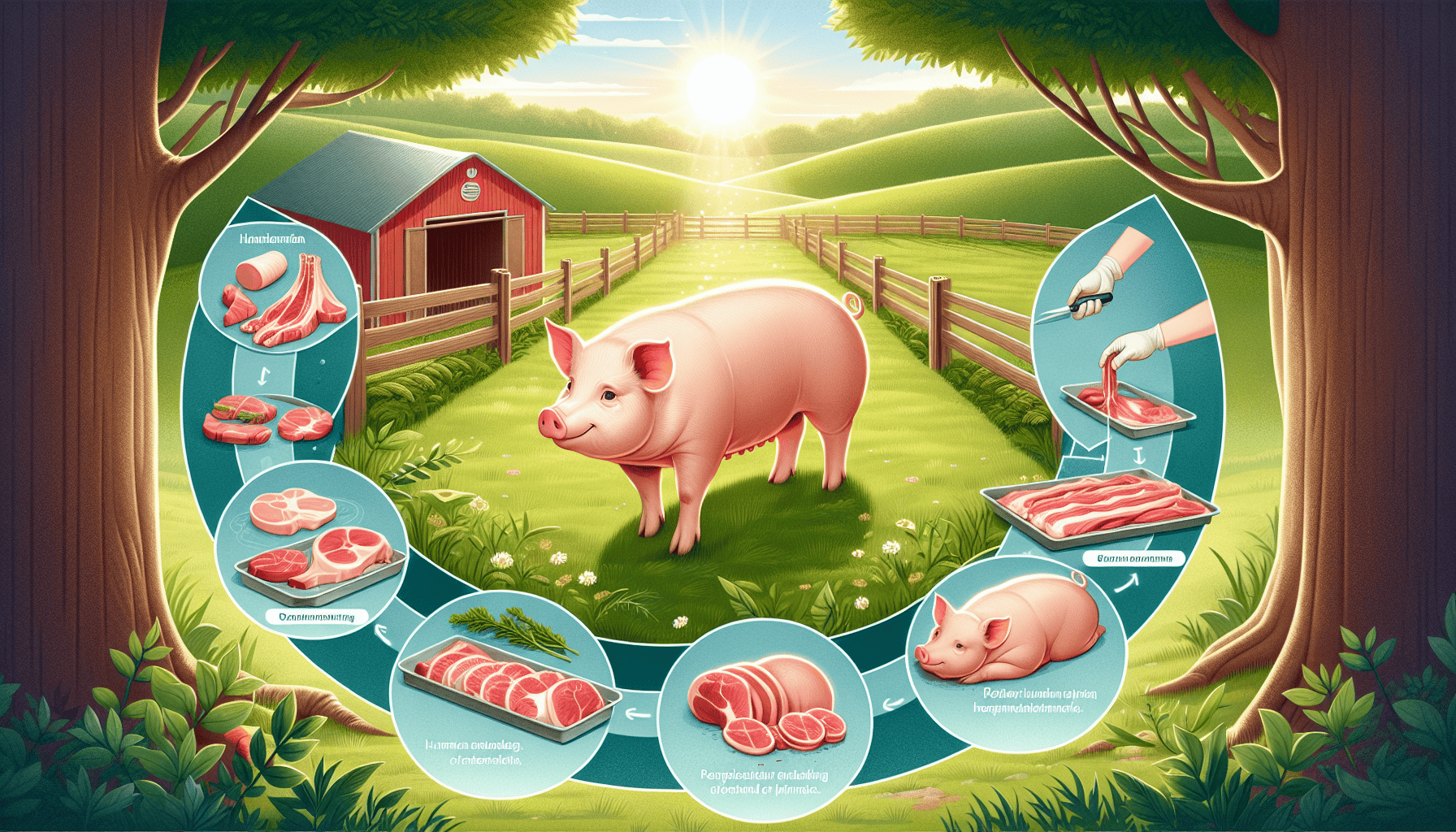 An illustrated guide to the butchering process of pigs.