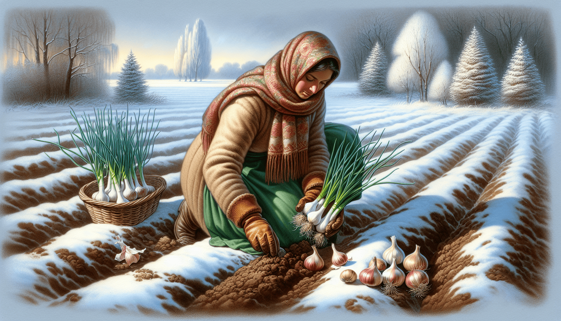 A depiction of garlic and onions being planted in a winter garden.