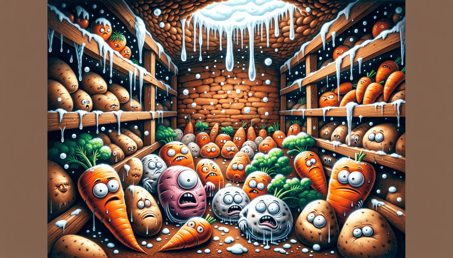 A cartoon showing common issues faced in root cellars, like excess moisture and freezing.