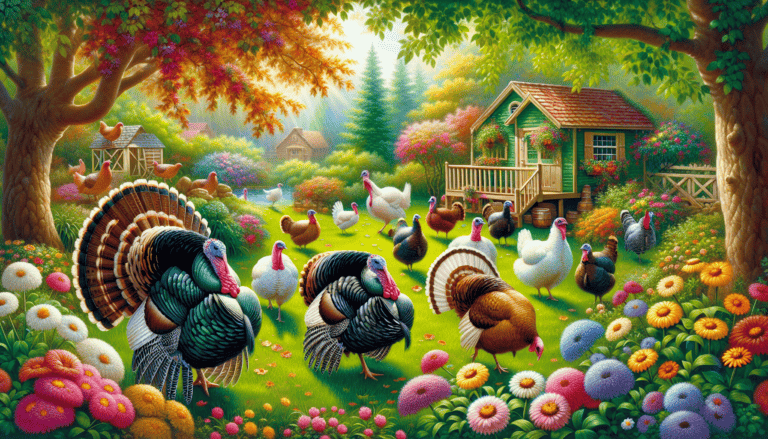 A colorful illustration of various turkey breeds in a backyard setting, showcasing the beginning of raising turkeys.